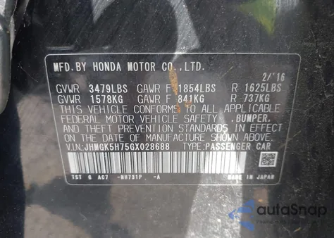 2016 Honda Fit from USA, damaged, VIN JHMGK5875GX028688